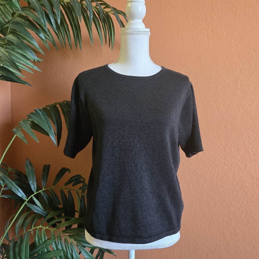 Vintage Yarnworks Short Sleeve Sweater Top Metallic Sparkle Black Petite Large